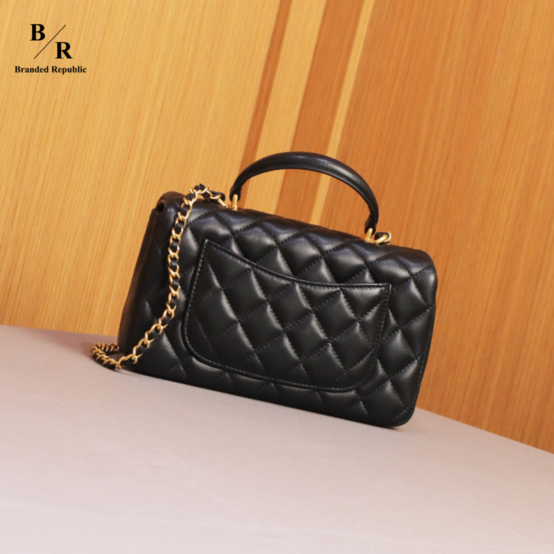 TAS MINI RECTANGLE TOP HANDLE FLAP RECTANGULAR BAG LAMBSKIN BLACK GHW