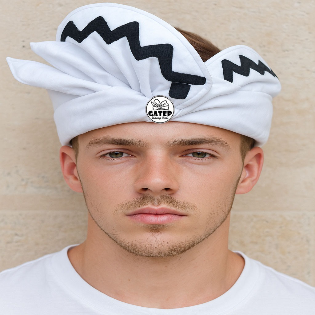 Udeng Bali Setengah Jadi Putih Polos Lis Zigzag  - Ikat Kepala Khas Bali Asli - Blangkon Bali Keren 