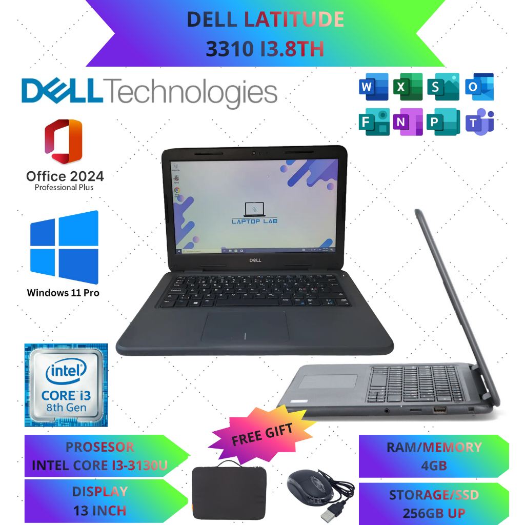LAPTOP DELL 3310 INTEL CORE I3 GEN 8 RAM 8GB/256SSD WINDOWS 10 PRO FULLSET LAYAR 13 INCH