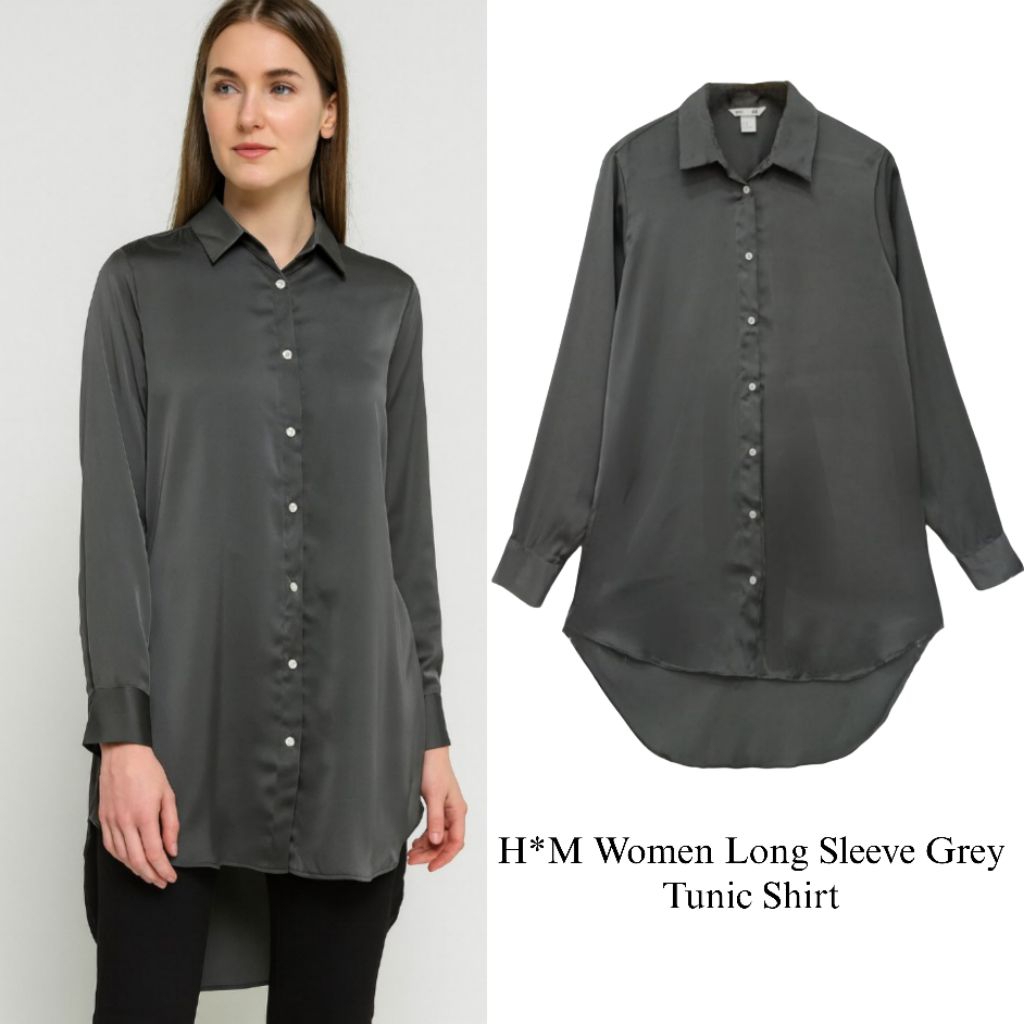 H*M Women Long Sleeve Grey Silk Satin Tunic Shirt/Kemeja Wanita Branded/Kemeja wanita terbaru/Kemeja