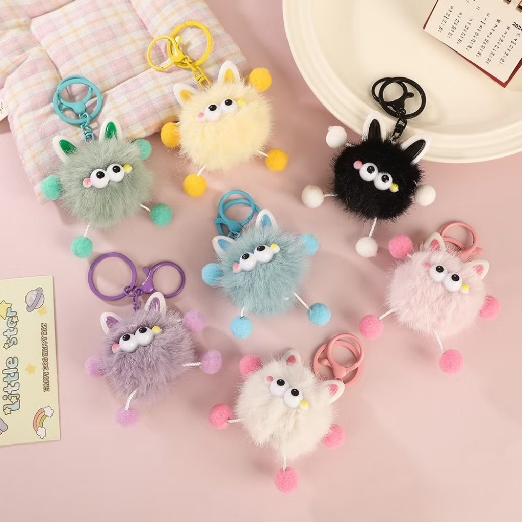 Gantungan Tas kunci boneka bulu pompom halus kawai
