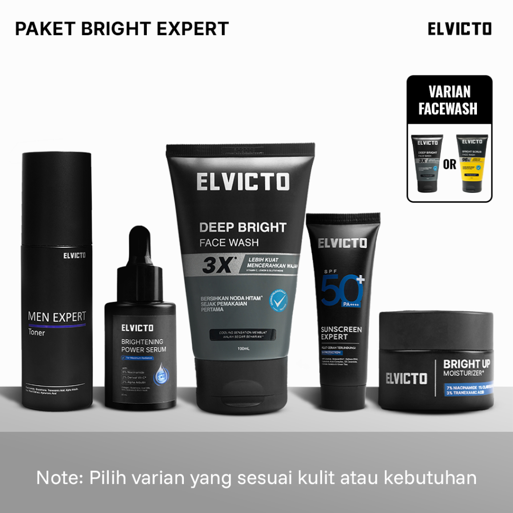 ELVICTO Paket Bright Expert | Face Wash Toner Serum Moisturizer Sunscreen - Niacinamide Alpha Arbuti