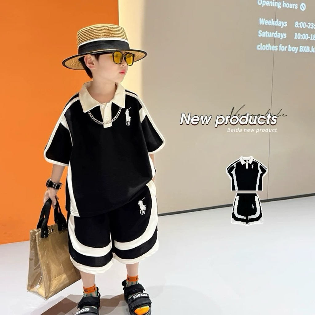 LJS282 Setelan anak laki laki kerah polo lengan pendek hitam putih / baju anak tanggung usia 3-14tah