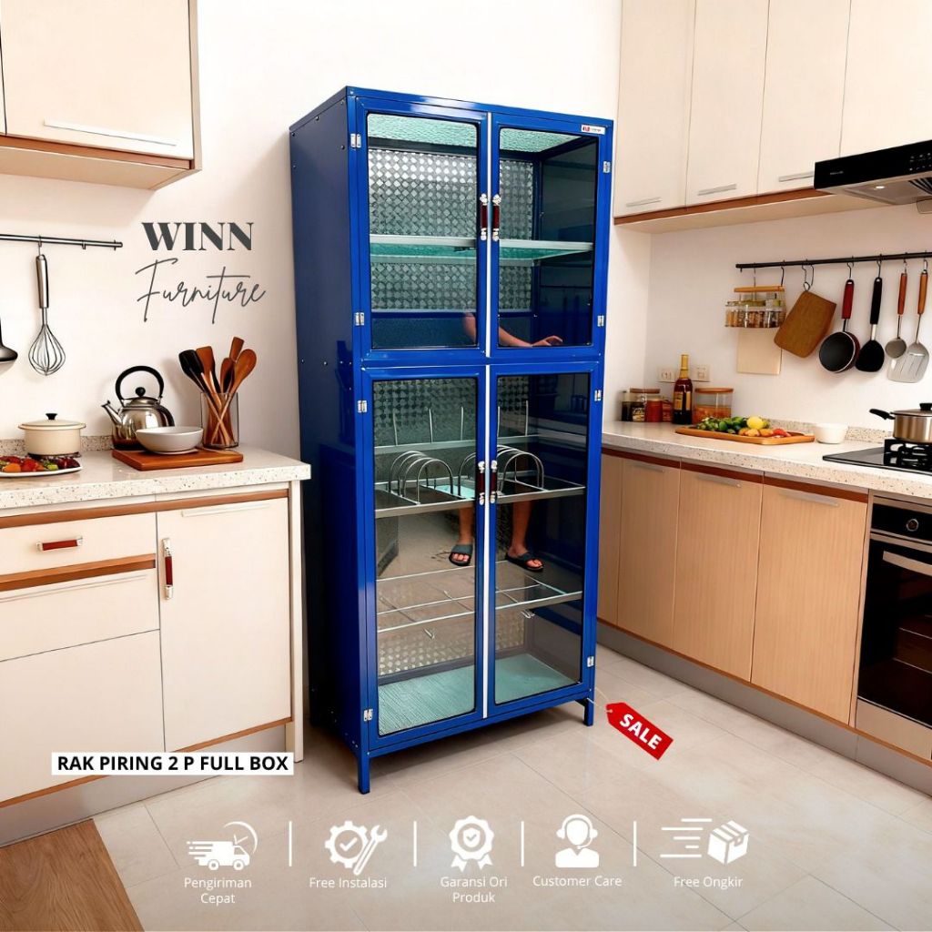 Rak Piring Aluminium 2 Pintu Full Box Kaca Riben | Winn Furniture