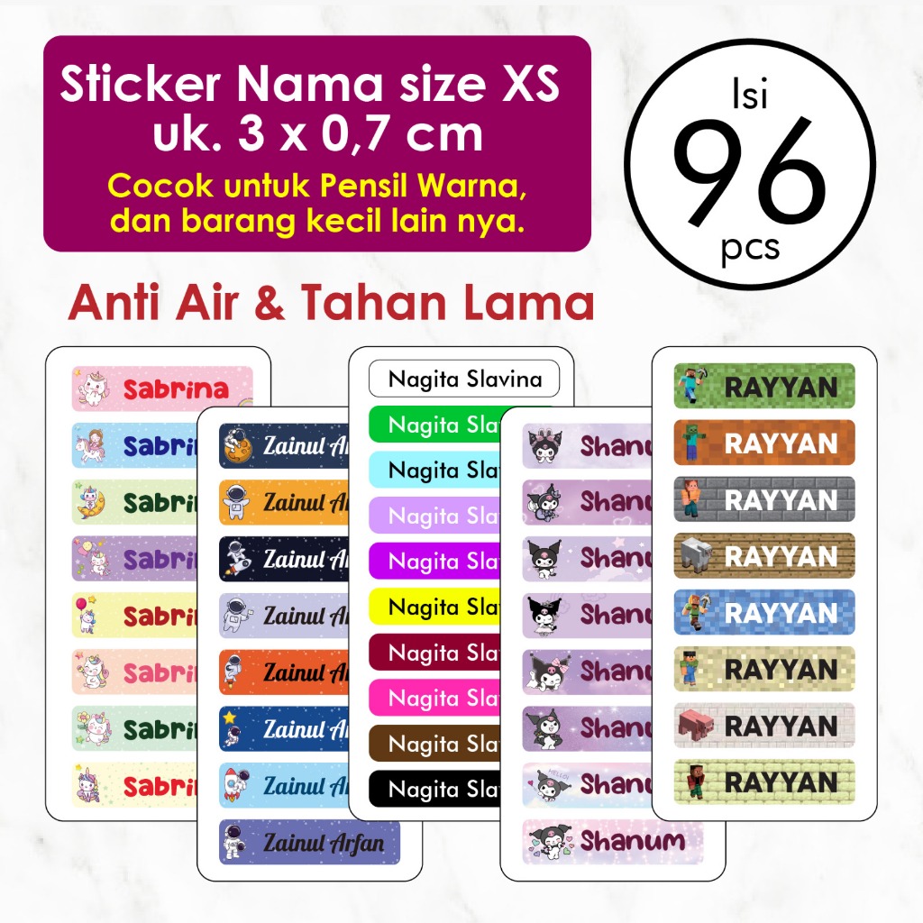Stiker Label Nama Anak Custom Ukuran Xs isi 96 pcs Label Nama Anak Waterproof Tahan Air Stiker Pensi