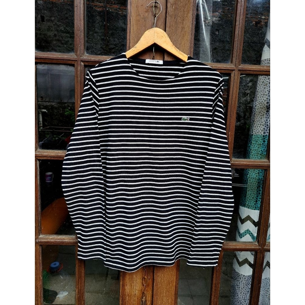LACOSTE Pique Stripe Longsleeve Tshirt Women Large Original