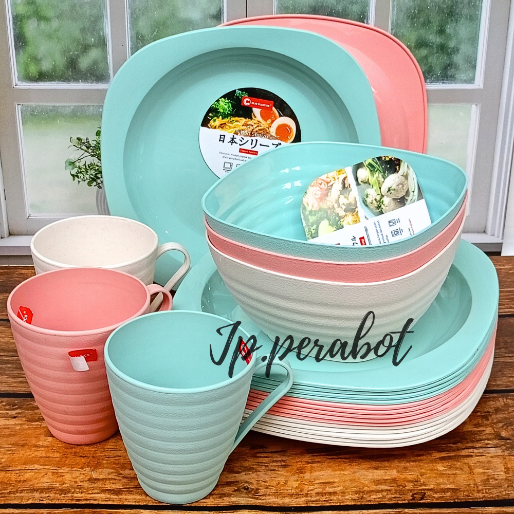Set Kombo Super 12pcs / Piring segi / Mangkok Segi / Gelas Ulir 450ml / Piring Sayur  / Box sayur