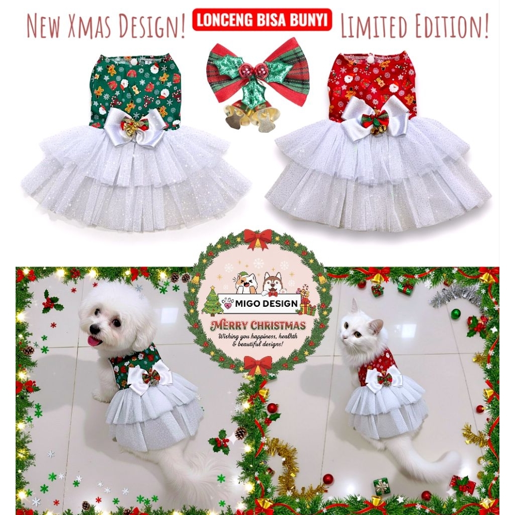 NEW BUNYI LONCENG [Migo Design 135] Baju Dress Katun Merah Hijau Motif Natal Rok Tutu Tile Gliter Su