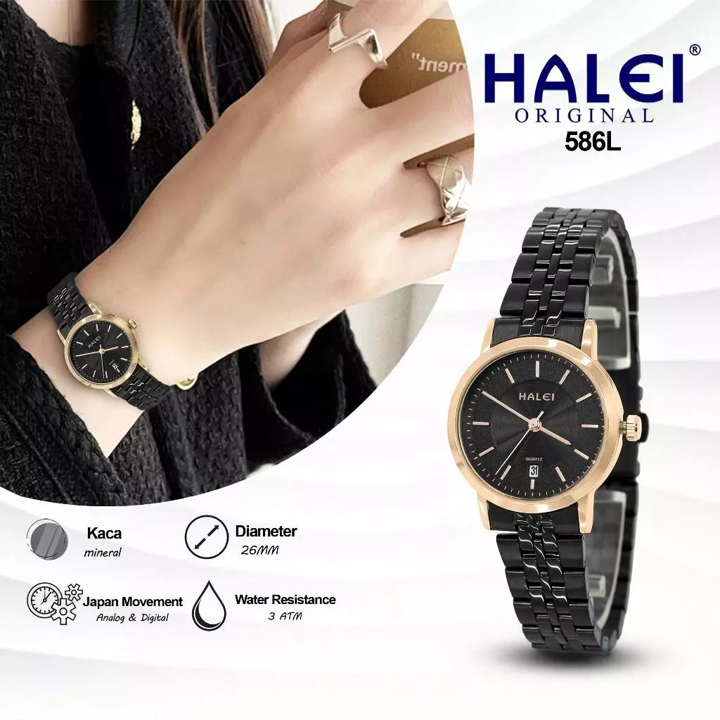 Jam Tangan Halei 586L Original Wanita Analog Jarum Rantai Stainless Steel Cewek 586 Fashion Japan