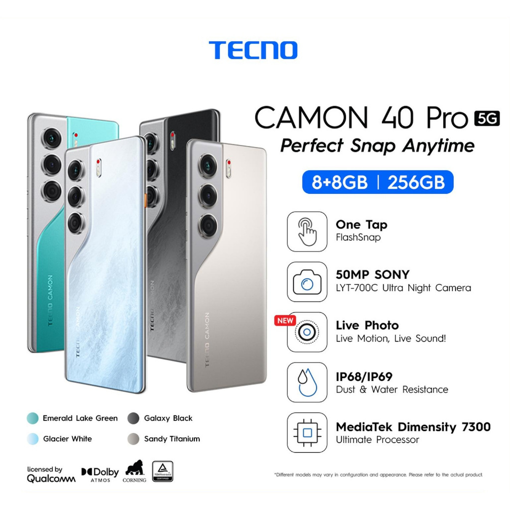 [FLASHSNAP PRO] TECNO CAMON 40 Pro 5G - 8+8GB*/256GB, Mediatek D7300 Ultimate, 6.78” FHD+144HZ 3D Cu