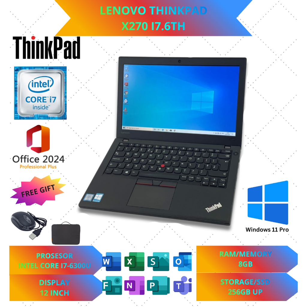 Thinkpad X270 core i7 gen 6 ram 8gb/256ssd windows 11 pro free tas/mouse fullset laptop 12 inch