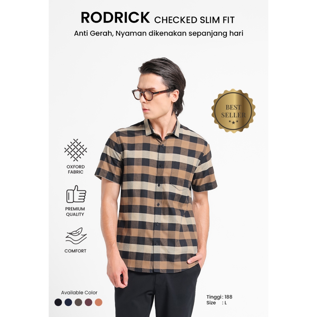 MANZONE - Kemeja Oxford Lengan Pendek Pria Rodrick 02 Slim Fit - Brown