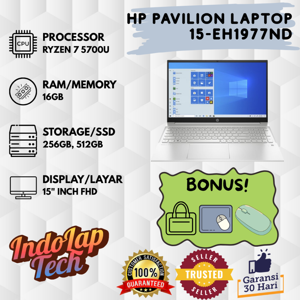 HP Pavilion Laptop 15-eh1977nd AMD Ryzen 7 5700U Layar 15 Inch FHD RAM 16GB SSD 256GB/512GB