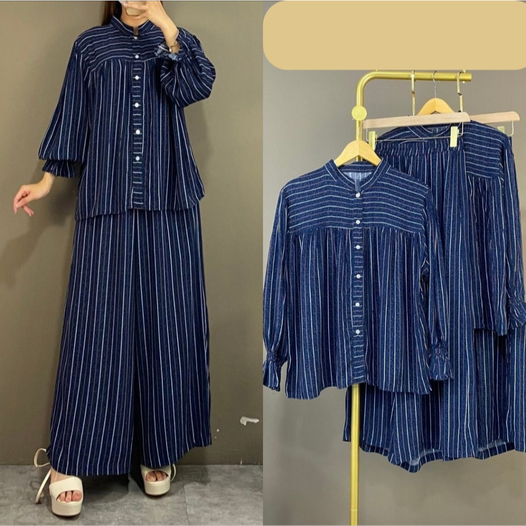 Danika Jumbo Set Cotton Diamond Baju Wanita Lengan Panjang & Celana Panjang Motif Garis Warna Biru B