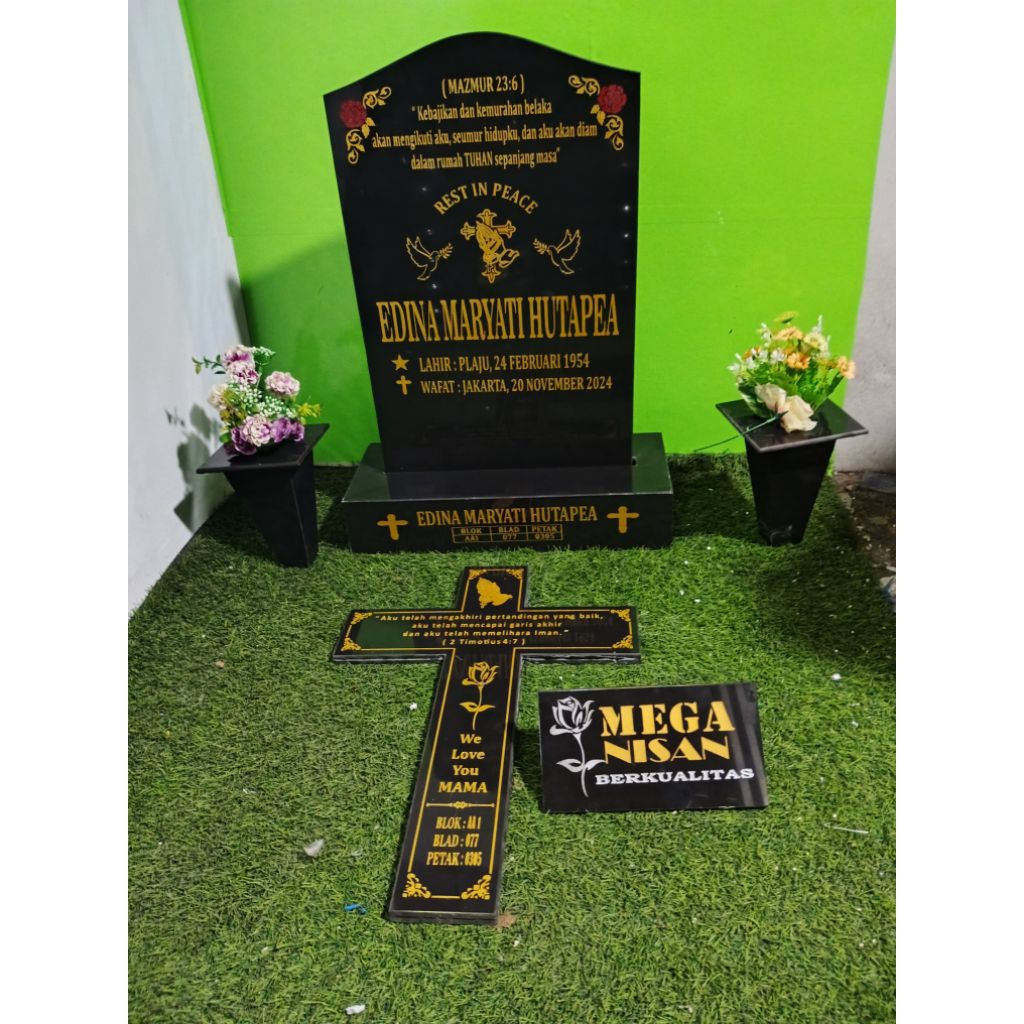 FULLSET - BATU NISAN KRISTEN+SALIB TIDUR+VAS BUNGA TERMURAH - GRATIS PACKING KAYU