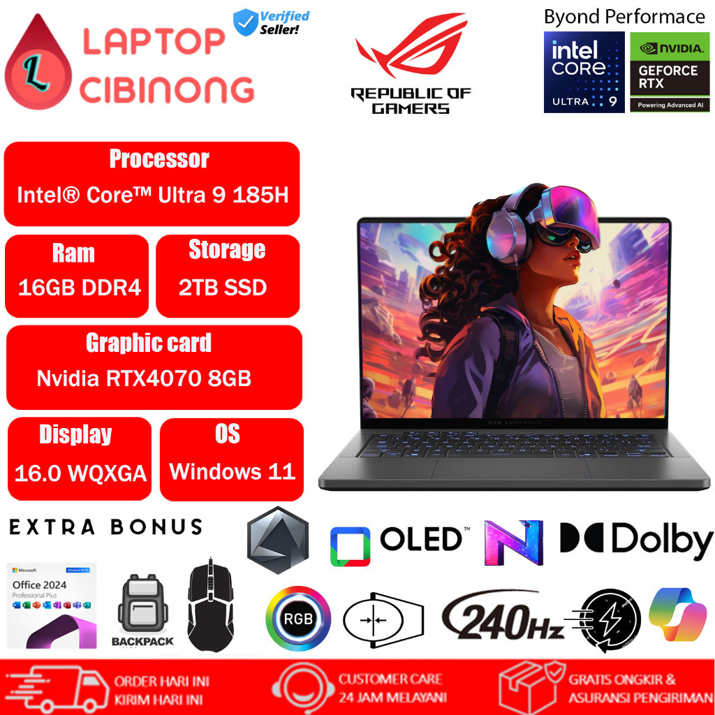 Asus Rog Zephyrus G16 OLED GU605MI Intel Ultra 9 185H Nvidia RTX4070 WQXGA 240Hz Windows 11 Grey