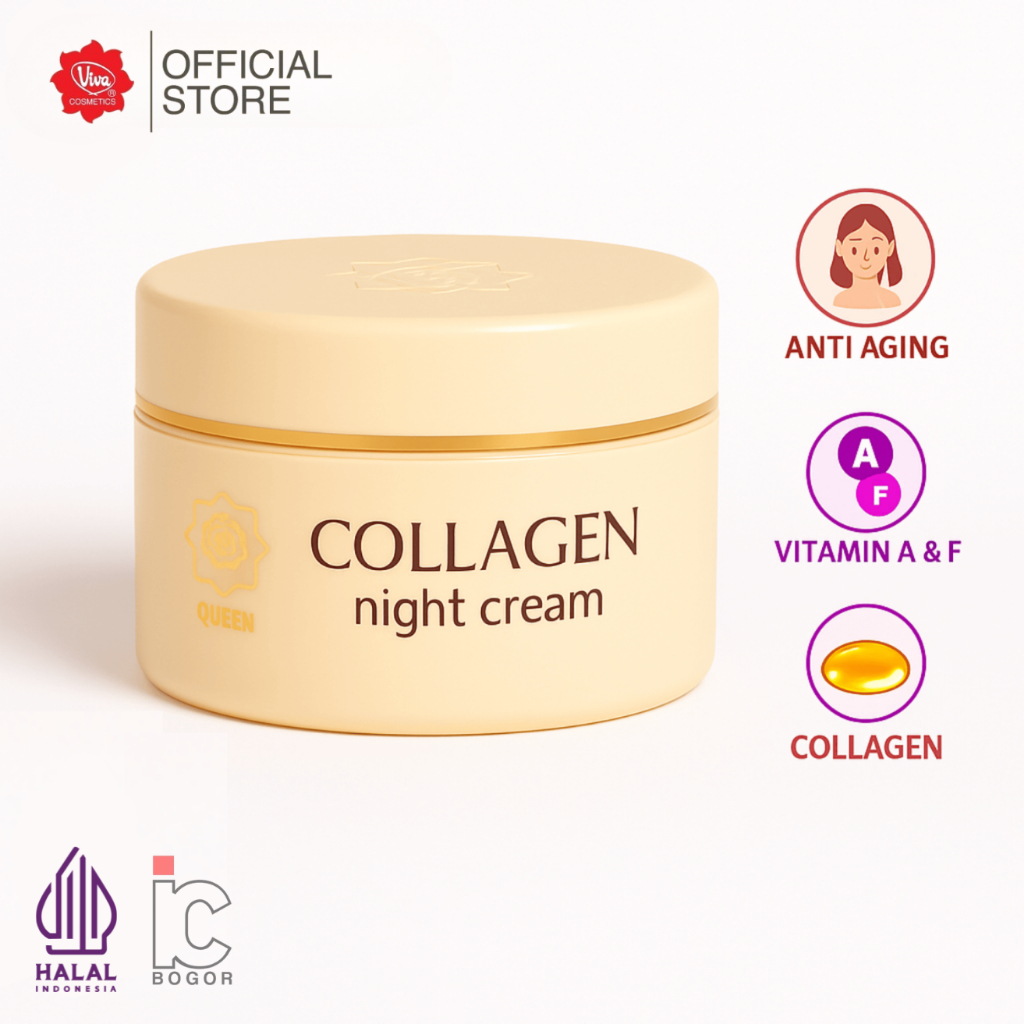 Viva Queen Collagen Night Cream 22gr – Krim Malam Anti Penuaan, Melembapkan & Meremajakan Kulit