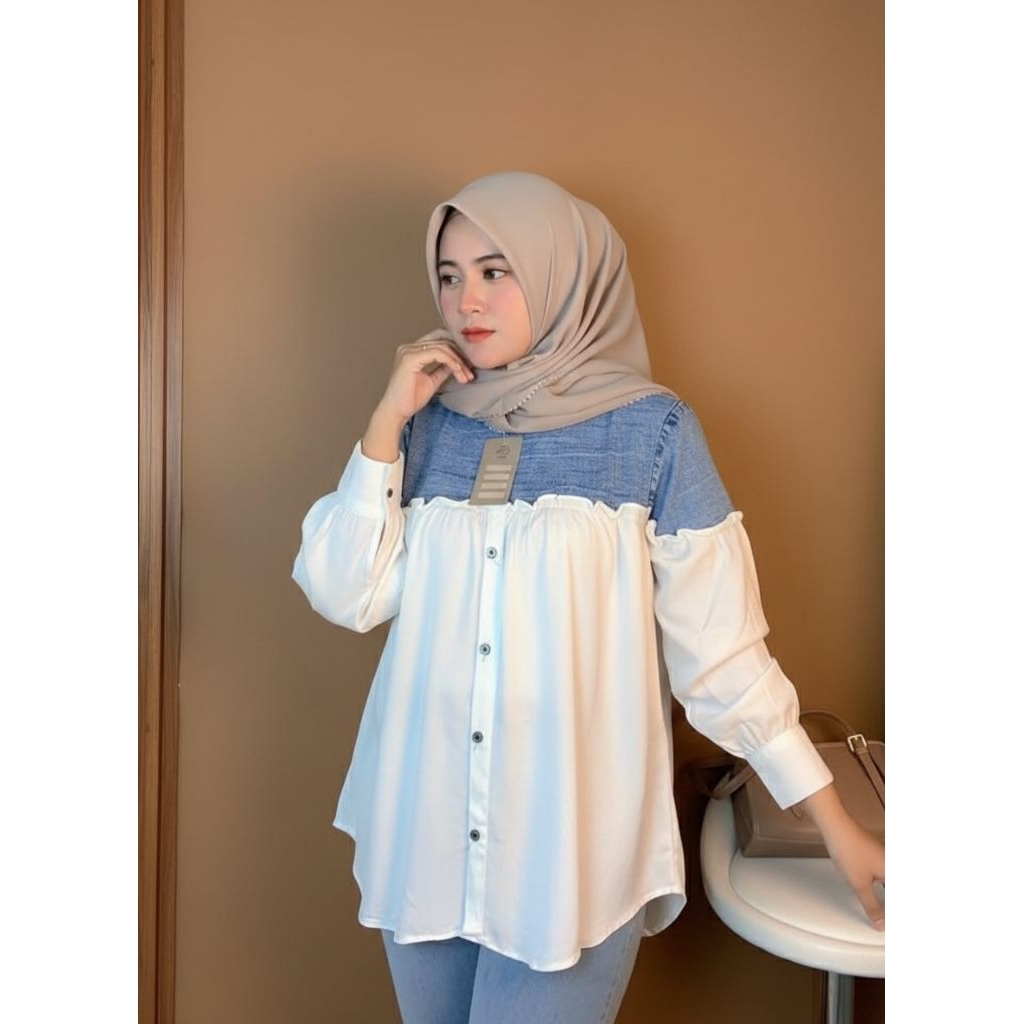 Zelva Blouse Jeans & Rayon Twill – Kemeja Cewek Kombinasi Bahan Rayon Twill