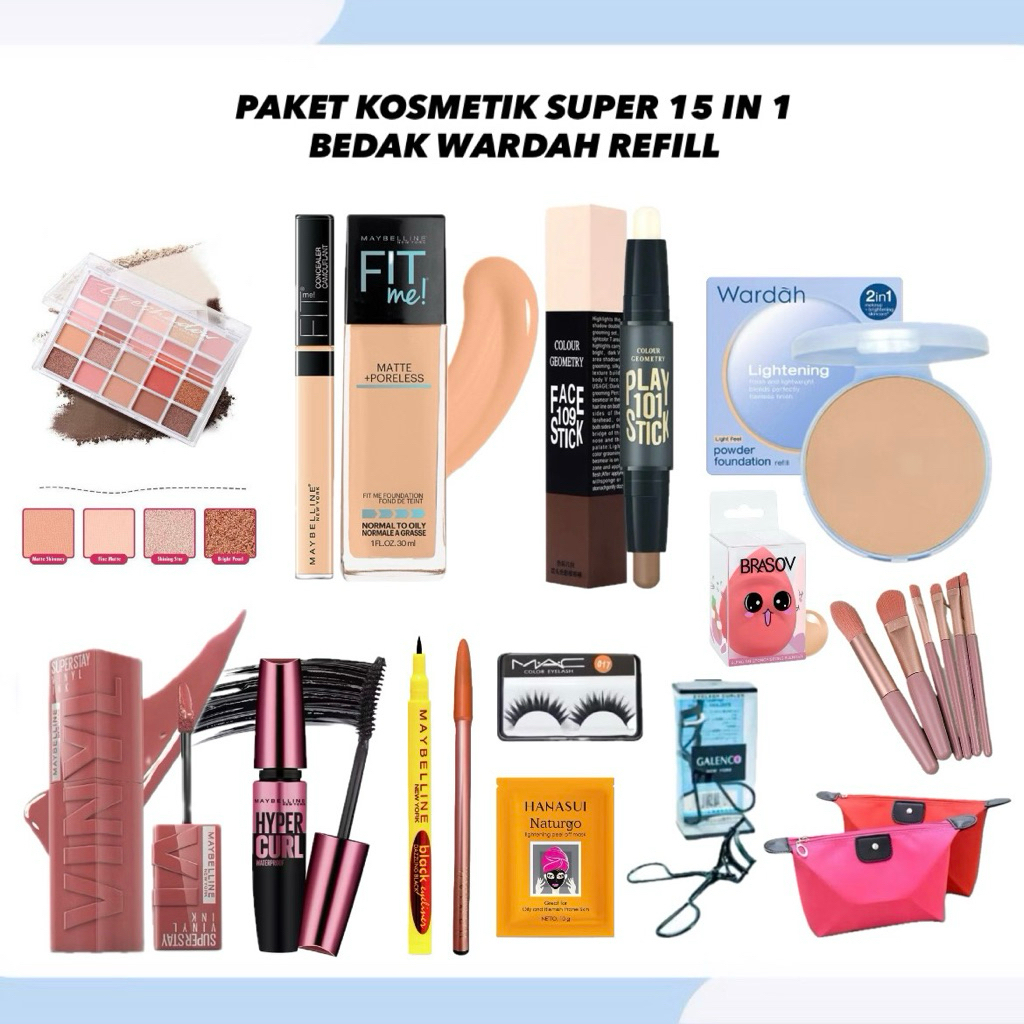 Paket Kosmetik Super 15 IN 1 Bedak Wardah Refill - Paket Kosmetik Hemat Bedak Refill Wardah Foundati