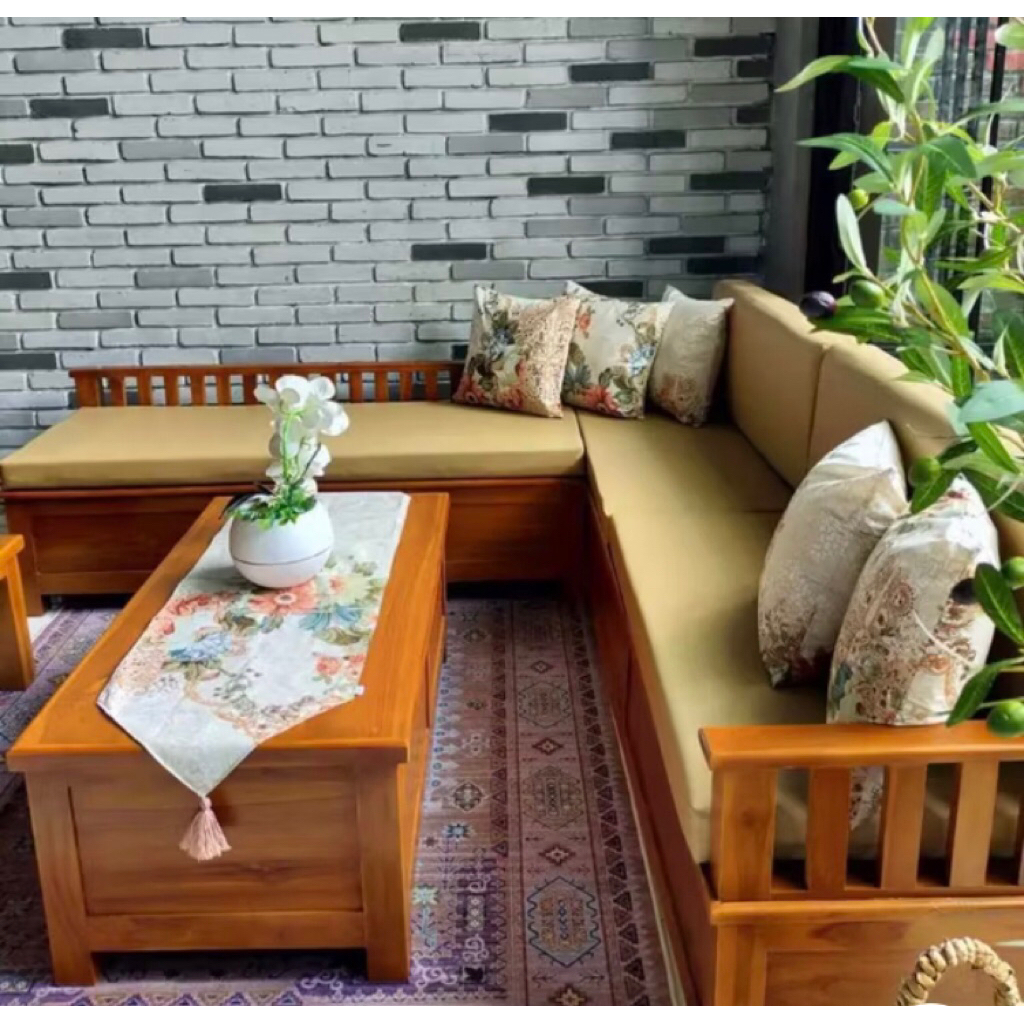 KURSI TAMU SUDUT CUSTOM JARI JARI KAYU JATI / KURSI TAMU MINIMALIS JATI / KURSI TAMU SOFA KAYU JATI 