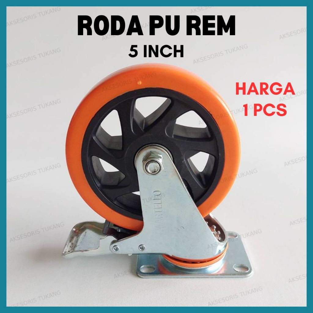 Roda PU Troli 5 Inch Rem / Roda Caster Etalase Rak Medium Duty Orange 5" Inci