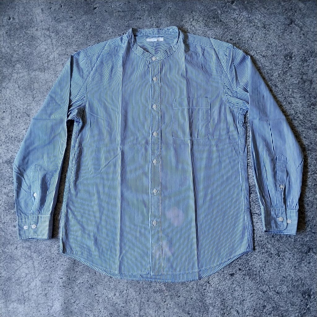 Uniqlo Extra Fine Cotton Broadcloth Stand Collar Long-Sleeve Shirt *KEMEJA SHANGHAI* "Blue Stripe" [