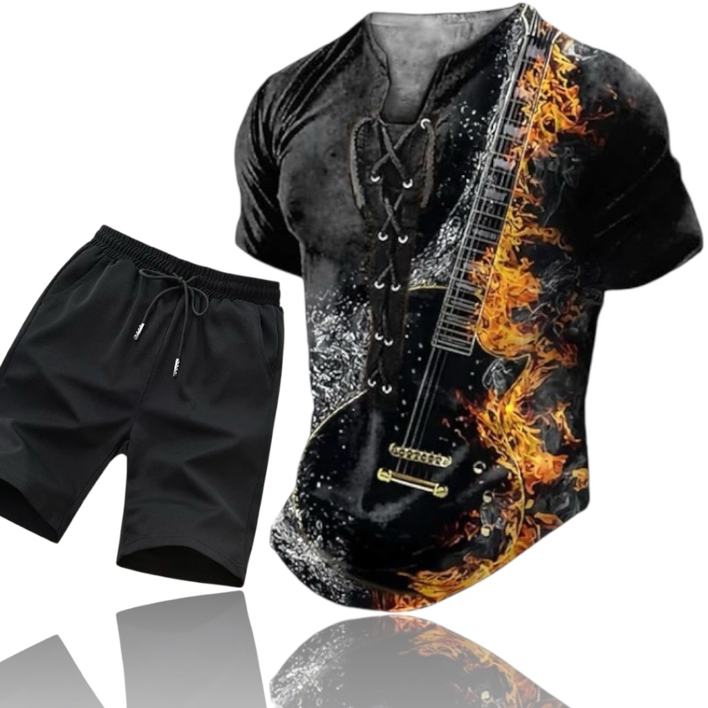 NO - Kaos Lengan Pendek V Neck Tali 3D Gitar Distro + Celana Polos Distro / Kaos Stelan V Neck Tali 