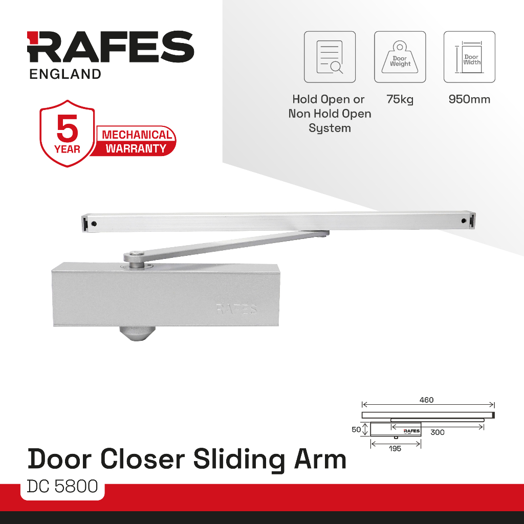 RAFES Penutup Pintu Otomatis - Door Closer Sliding Arm Sistem Hold Open atau Non Hold Open Max 75kg 