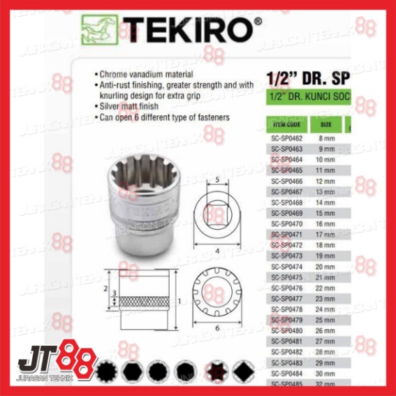 Kunci Mata Soket SPLINE 20 ~ 32 mm 1/2" inch DR / Socket / Spline Sock Spanner TEKIRO