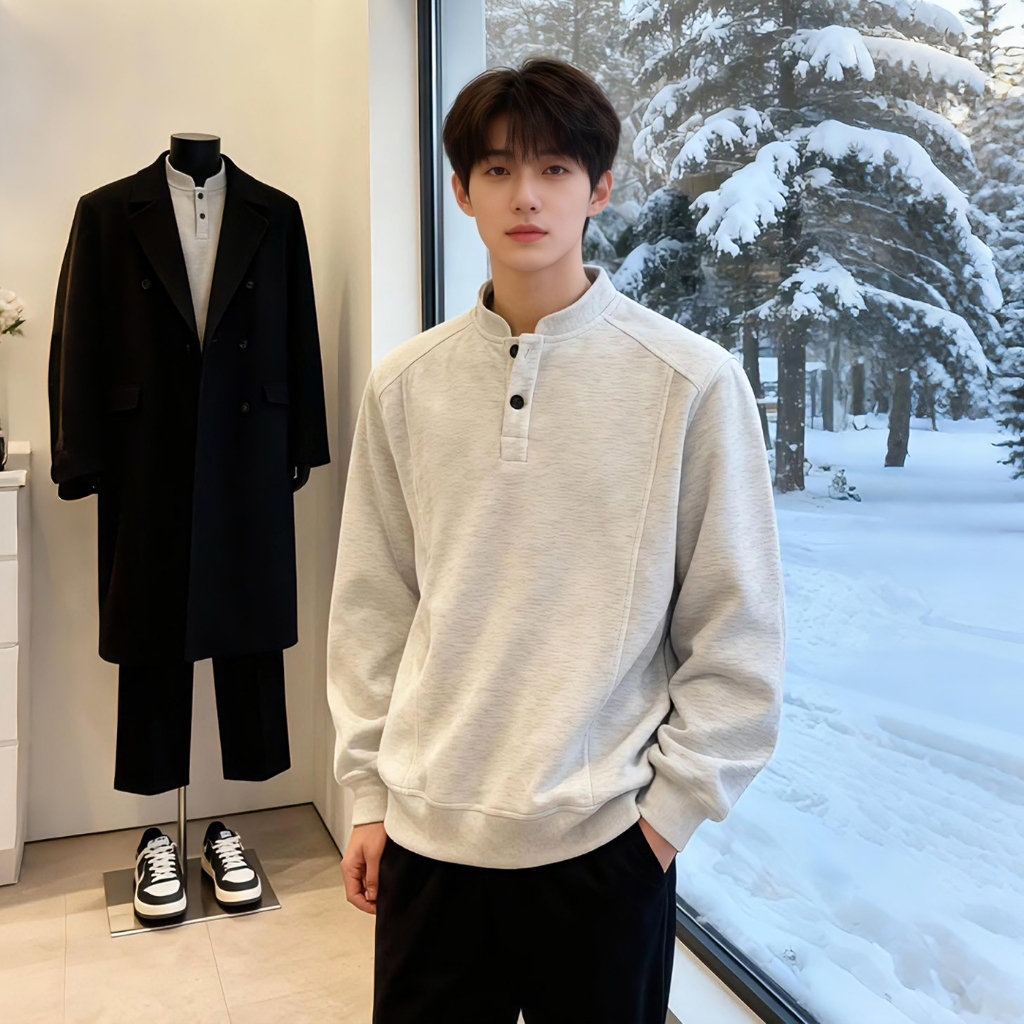 kemeja cowok v-neck casual tangan panjang oblong fashion pria casual Henley Neck T-Shirt Long Sleeve