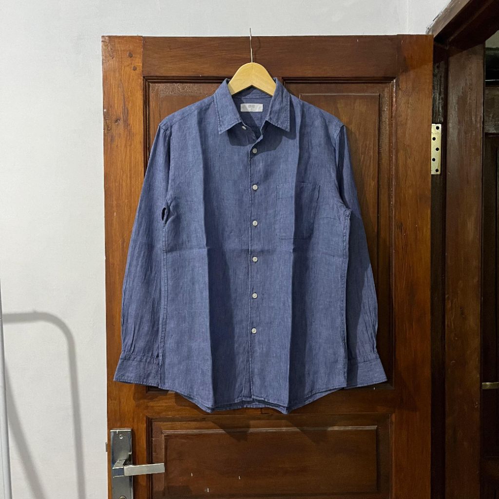 [M-L] Uniqlo Linen Shirt Cotton Long Sleeve I Blue Jeans Vintage Vtg Retro Kemeja Garis-garis Salur 