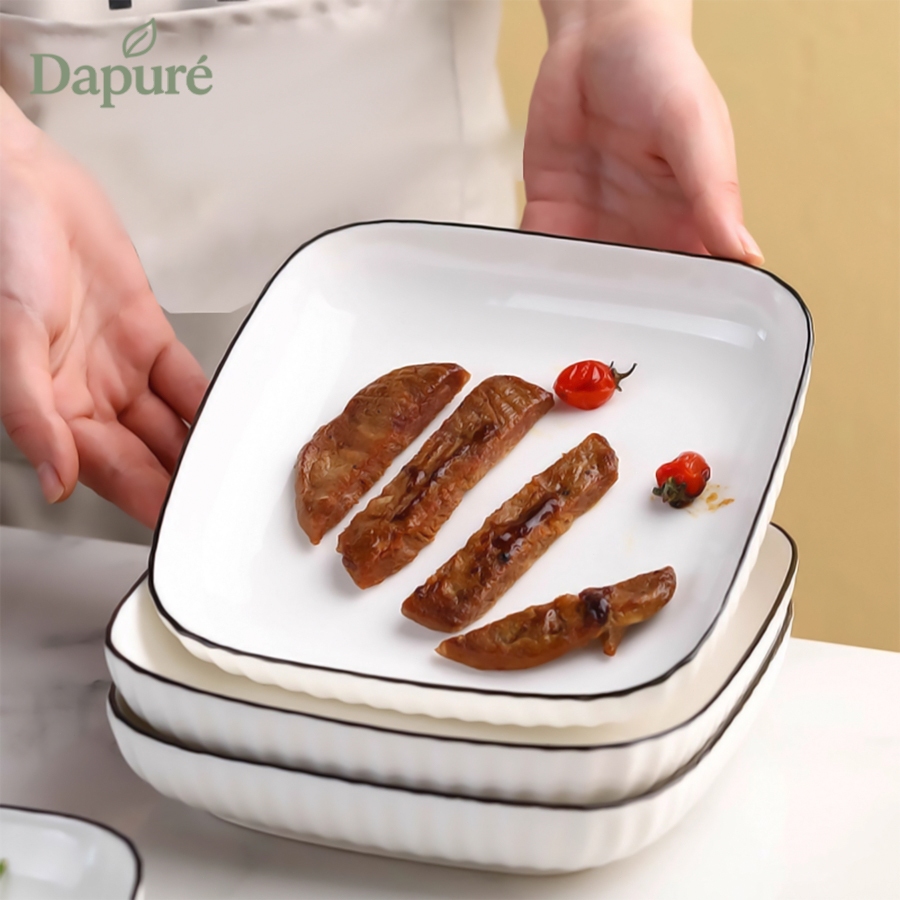 (Dapure Shop) Piring Mangkuk Saji Keramik Elegant Model Jepang Yamada Seri List Hitam Kotak Mewah