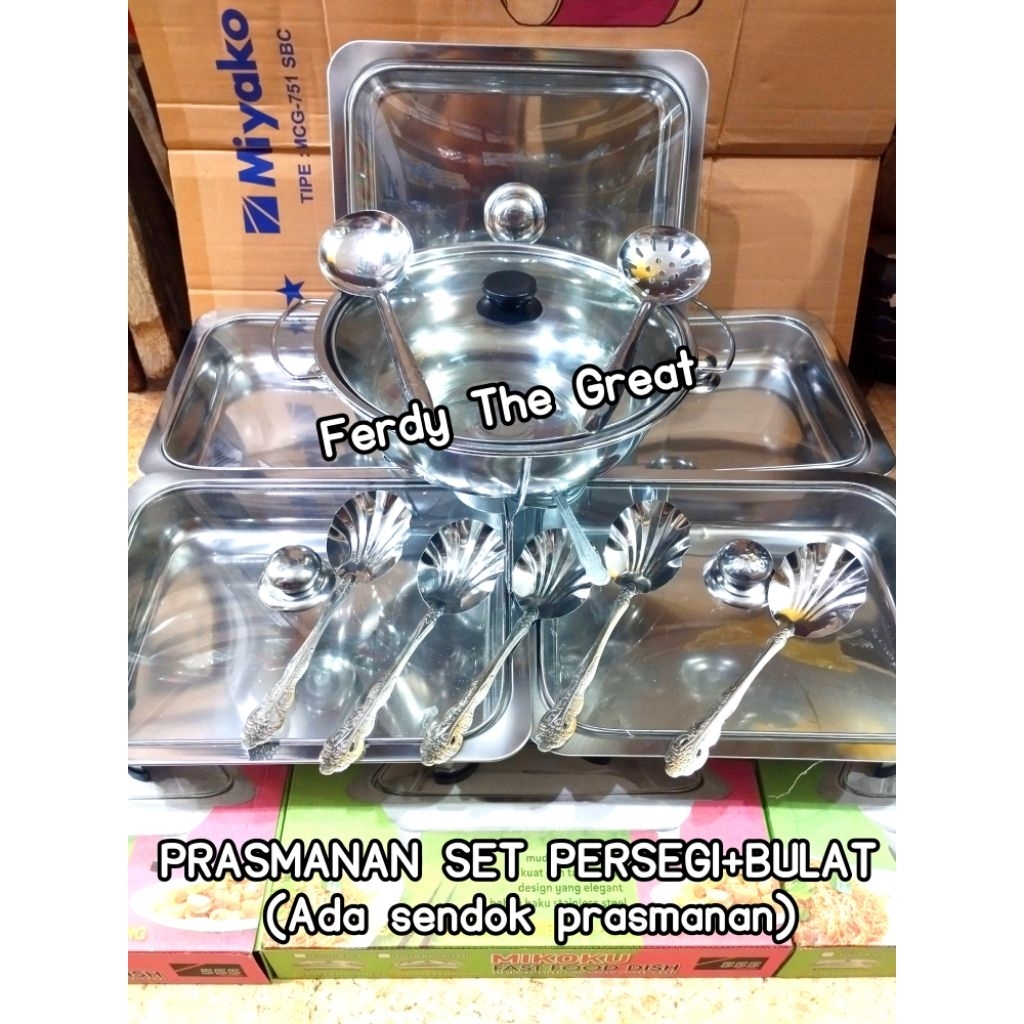 Prasmanan set stainless tutup full kaca / prasmanan kotak dan bulat lengkap dengan sendok (INSTANT)