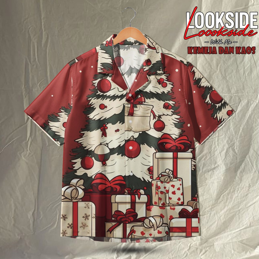 LOOKSIDE Kemeja Liburan Natal Pria – Baju Merah Motif Pohon Natal Lucu | LOK210
