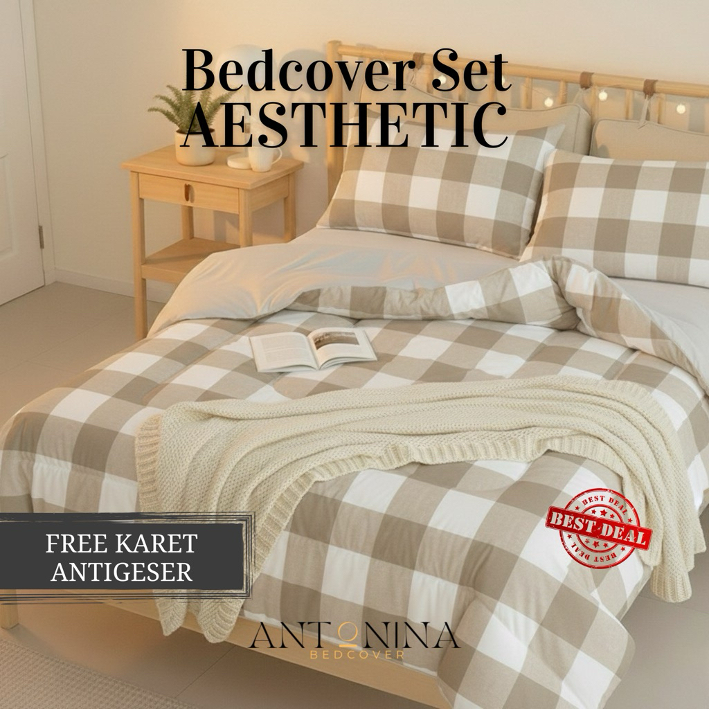 Bedcover Set Sprei Gingham Khaki Bed Cover Motif Kotak Aesthetic Ukuran 180x200x20 160x200x20