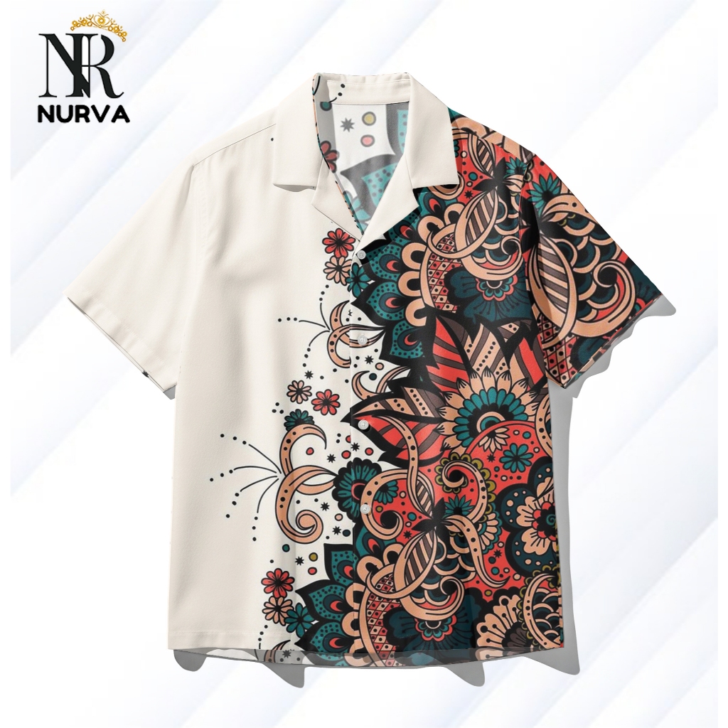 NURVA Kemeja Full Print Pria Wanita Motif Etnik Floral Abstrak – Kemeja Hawai Casual Bohemian Premiu
