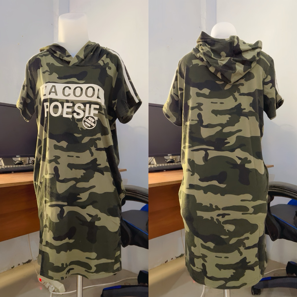 Dress loreng wanita warna hijau model hudi bahan dingin baju santai