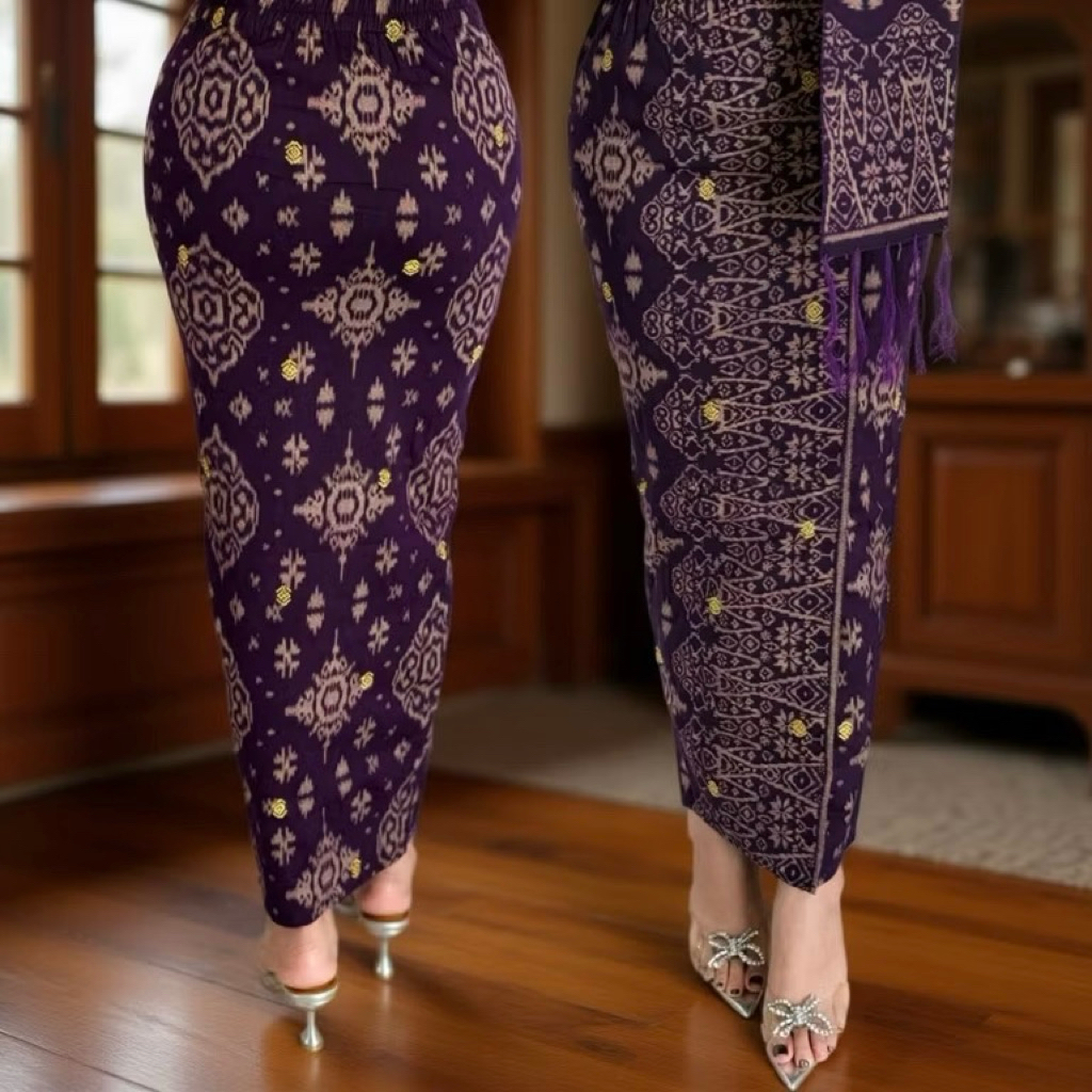 Kamen jadi katun strait motif endek tretes  bordir set selendang