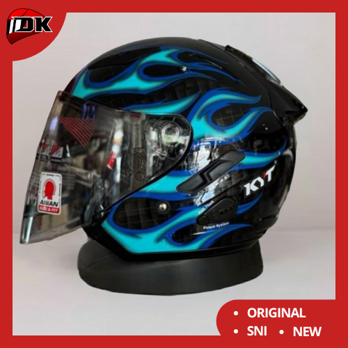 HELM HALF FACE KYT GALAXY FLAT R FLAME BLACK BLUE DOUBLE VISOR ORIGINAL HITAM BIRU API