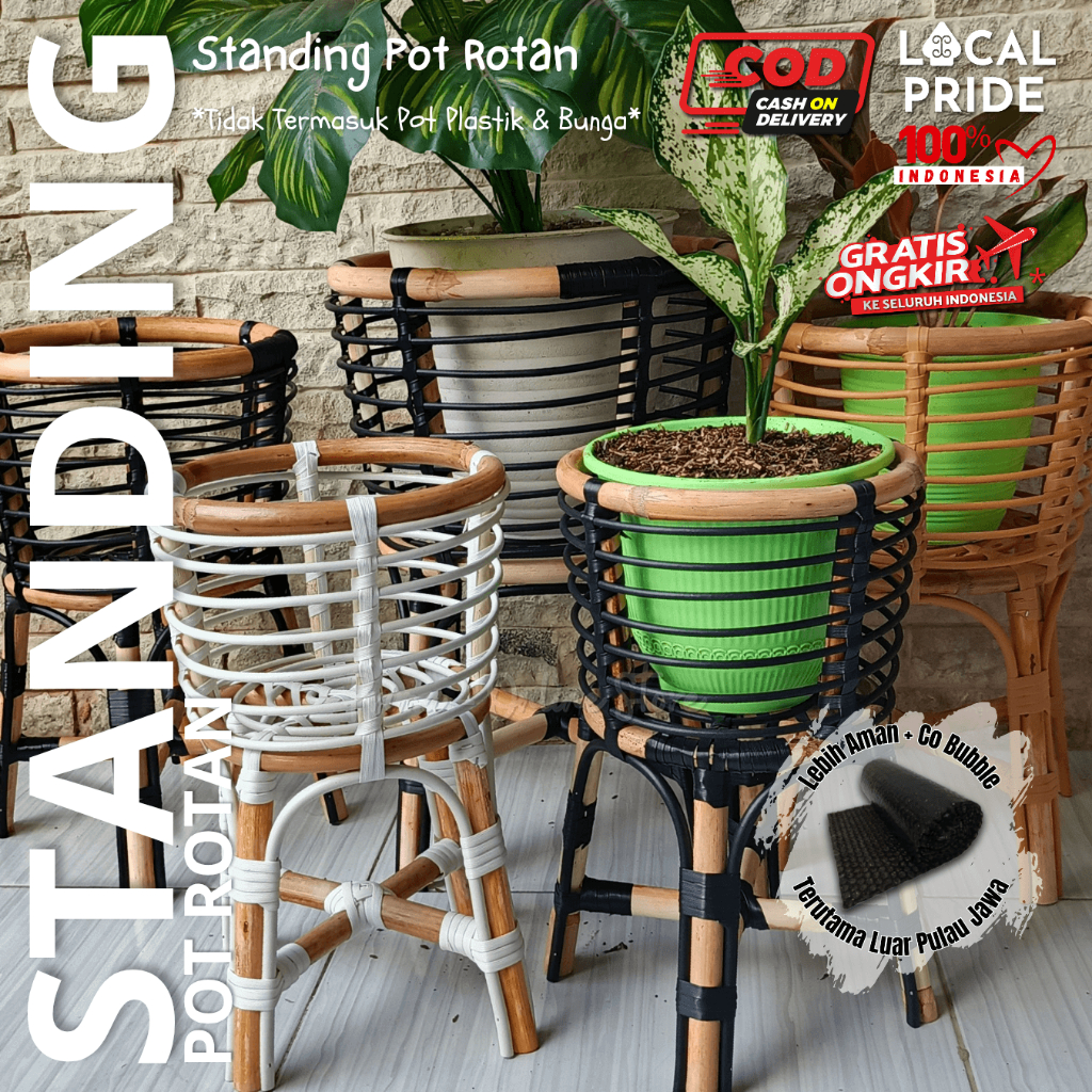 STANDING POT ROTAN DAN SINTETIS UK 30CM, 35CM, 40CM, 45CM, 50CM, 55CM - VAS BUNGA ROTAN ESTETIK - HA