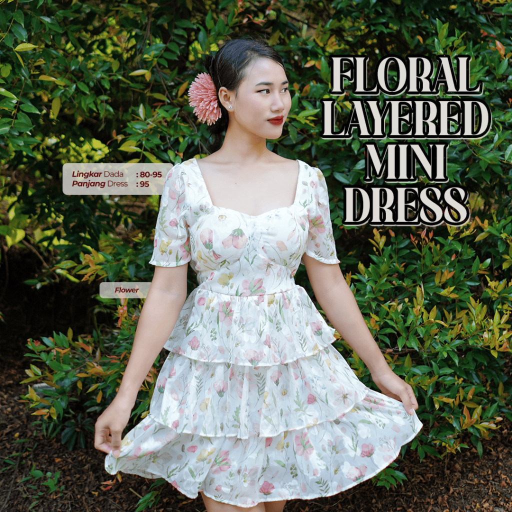 FA FLORAL LAYERED MINI DRESS - BAJU DRESS WANITA LENGAN PENDEK MOTIF BUNGA VINTAGE KOREA STYLE