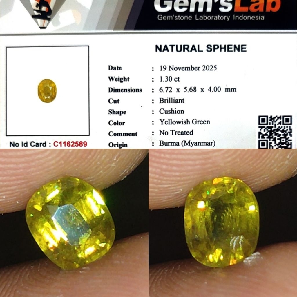 Natural Rainbow Sphene No Treatment Burma 1.3ct GLI Crystall Color Apple Green Good Rainbow Luster