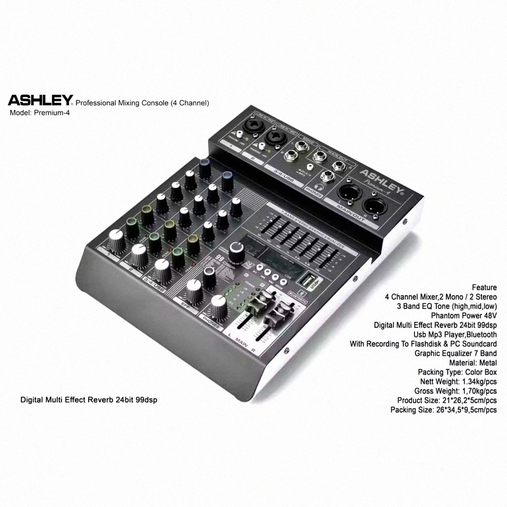 Mixer ASHLEY Premium 4 / mixer 4 Channel Effect 99 DSP + USB Bluetooth