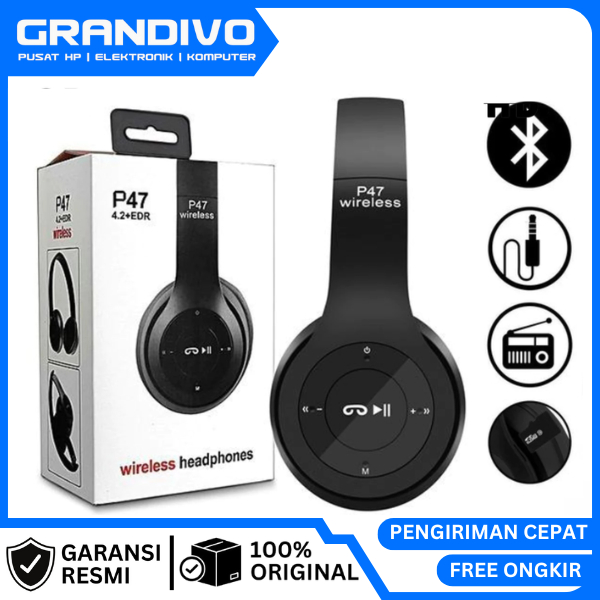 Headphone bluetooth P47 wireless bando earphone super bass Headset - bundling