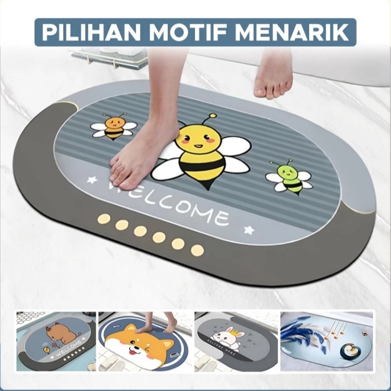 Keset Kaki Lantai Karakter Welcome Diatomite Diatom soft mat Floor Mat Bundar Anti Bau Nyerap Air Anti Bakteri Anti Selip SlipKamar Mandi Tidur Tamu Cepat Serap Air Tidak Licin Elastis Lentur Mudah Dibersihkan Oval 40x60 40 x 60 Water Absorbent Empuk