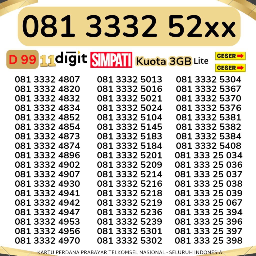11 DIGIT SIMPATI BONUS KUOTA 3GB NOMOR CANTIK 11 ANGKA 333 KARTU PERDANA SIMPATI NOMOR CANTIK TELKOM