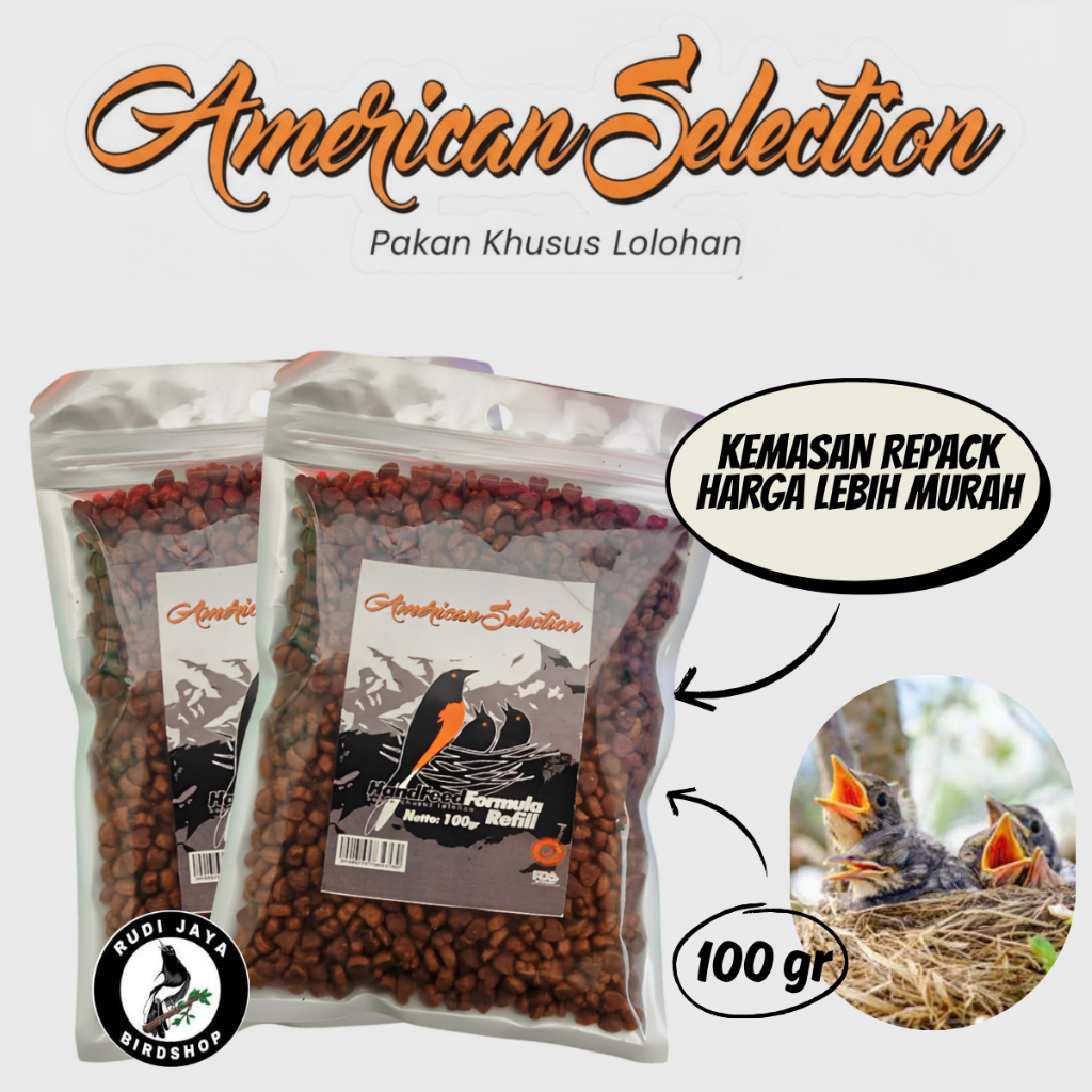 AMS LOLOH 100 GRAM AMERICAN SELECTION PELET PAKAN MAKANAN ANAKAN PIYIK LOLOHAN BURUNG MURAI KACER