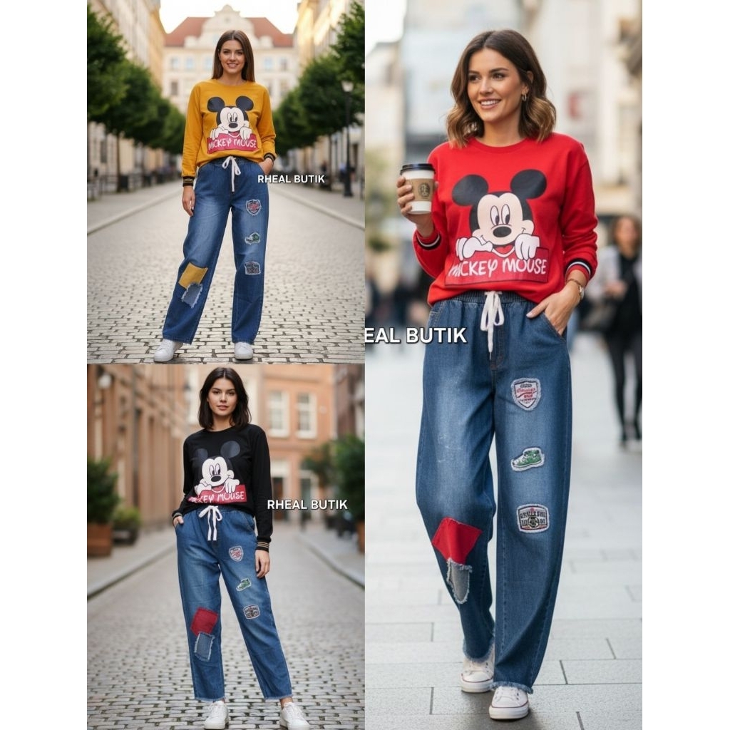 Setcel Mickey Mouse - Setelan Oneset Celana jeans wanita harian santai simple