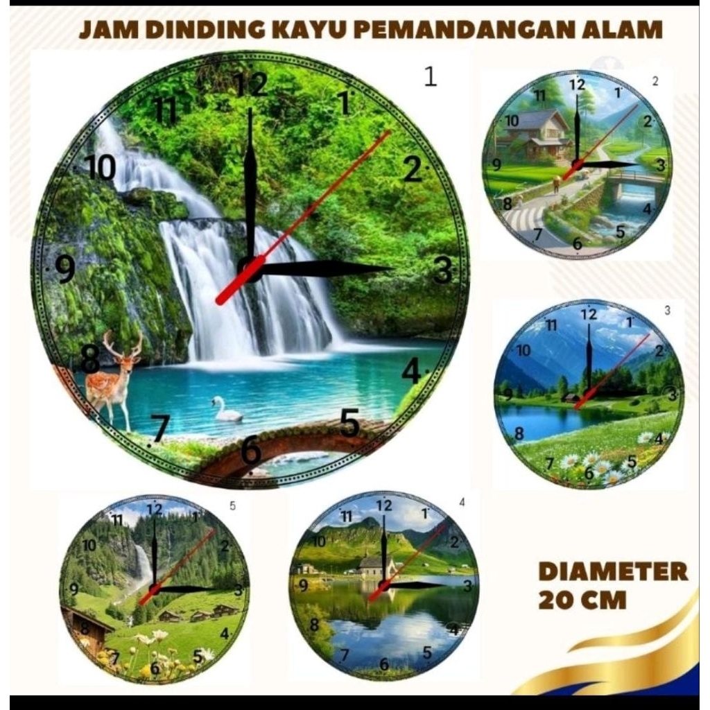 JAM DINDING Kayu Gambar Pemandangan ALAM