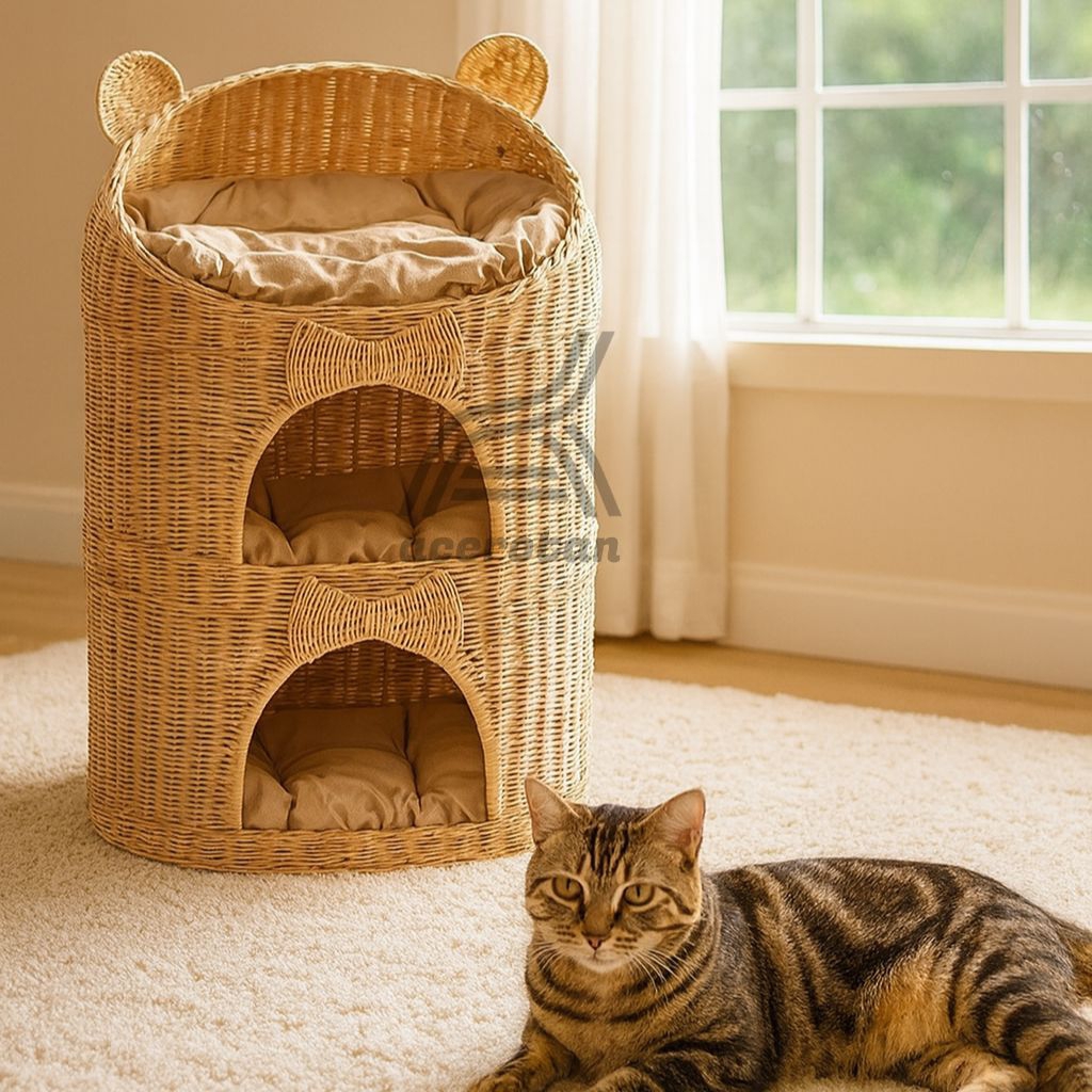 Rumah kucing dan anjing rotan menara tingkat 3 dan gratis 3 kasur